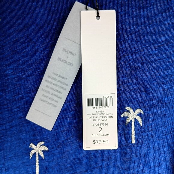 Chico's Foiled Flutter Sleeve Linen Tee Navy Palm Trees Embroidered NWT 12 14 - Picture 8 of 9